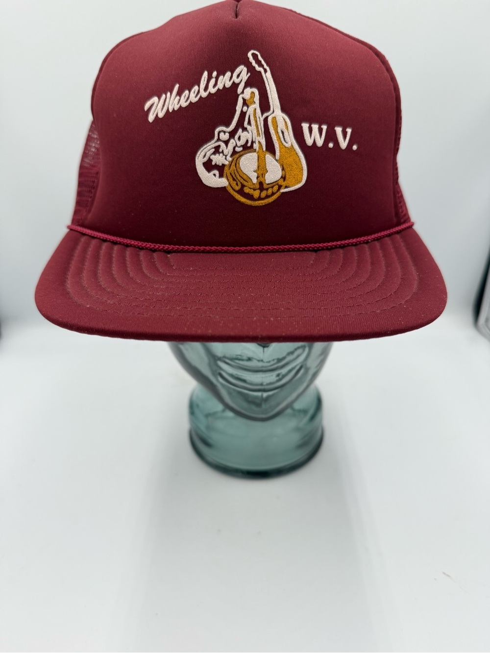 Vintage Wheeling WV SnapBack Trucker Hat Burgundy Banjo Guitar